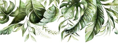 Fotobehang Green tropical leaves on white background. Watercolor hand painted seamless border. Floral tropic illustration. Jungle foliage pattern.