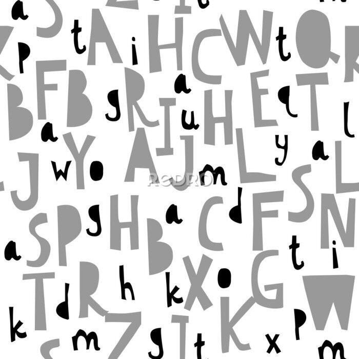 Fotobehang Grijs en zwart patroon met alfabetletters op witte achtergrond