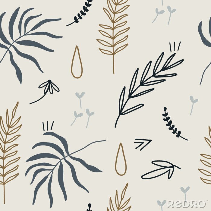 Fotobehang Grijze en beige bladeren in Scandinavische stijl