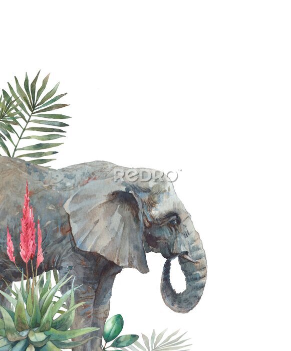 Fotobehang Grijze olifant en palmbladeren