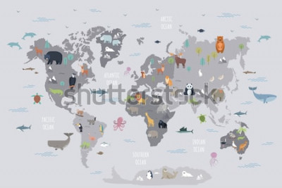 Fotobehang Grijze wereldkaart met dierenillustraties
