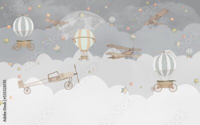 Grijze wolken, ballonnen, auto's en vliegtuigen