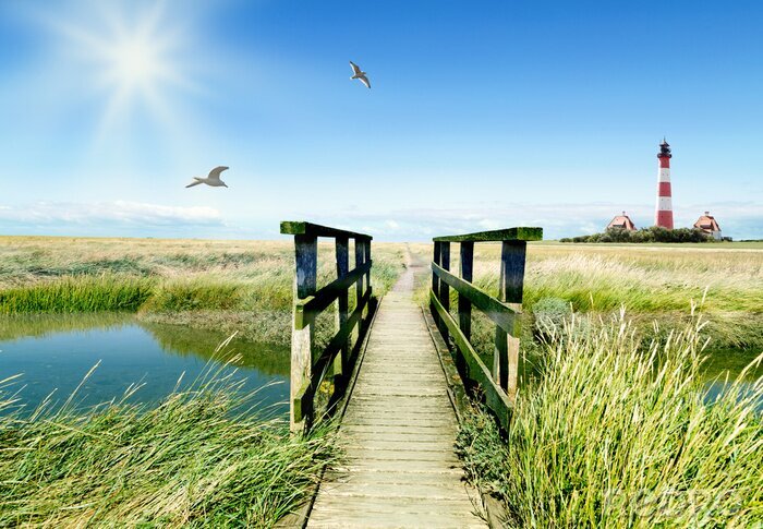 Fotobehang Groen landschap met een vuurtoren