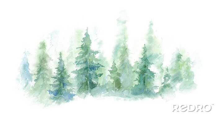 Fotobehang Groen landschap van mistig bos, de winterheuvel. Wilde natuur, bevroren, mistig, taiga. aquarel achtergrond