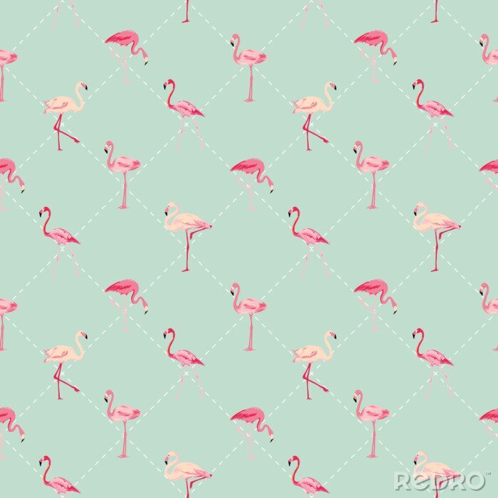 Fotobehang Groen motief in geometrische vormen en flamingo's