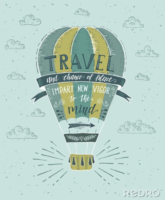 Fotobehang Groene en gele ballon met een slogan over reizen