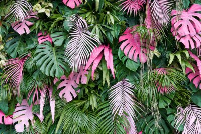 Fotobehang Groene en roze tropische bladeren