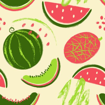Groene en roze watermeloenvruchten op een poederachtige achtergrond