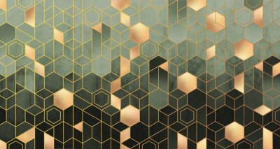 Fotobehang Groene geometrische abstractie met gouden figuren
