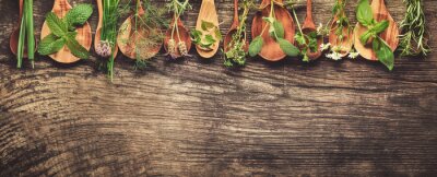 Fotobehang Groene kruiden op houten lepels