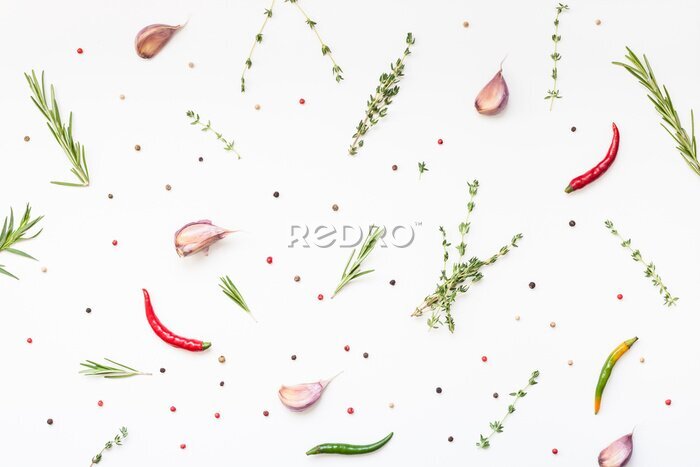 Fotobehang Groene kruiden, pepers en specerijen op een witte achtergrond