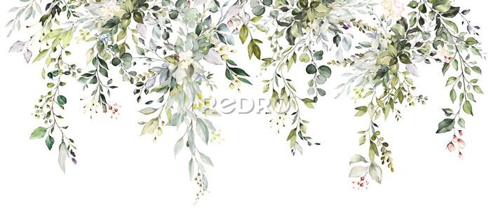 Fotobehang Groene takjes geschilderd met waterverf op een witte achtergrond