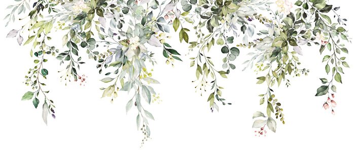 Fotobehang Groene takjes geschilderd met waterverf op een witte achtergrond