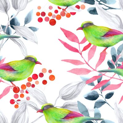 Fotobehang Groene vogel op de achtergrond van rode bladeren
