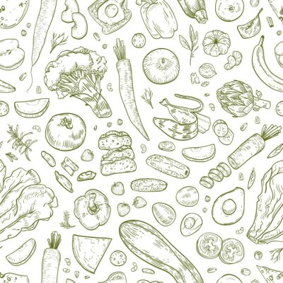 Groenten en fruit geschetst in het groen