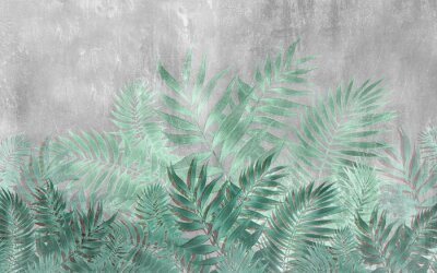 Fotobehang Groot tropisch bladeren botanisch patroon op beton