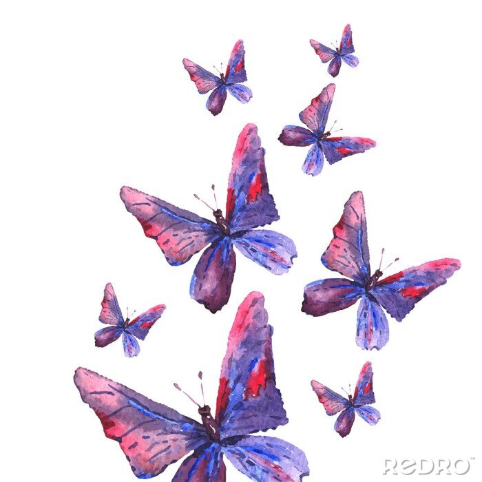 Fotobehang Grote en kleine vlinders in aquarel