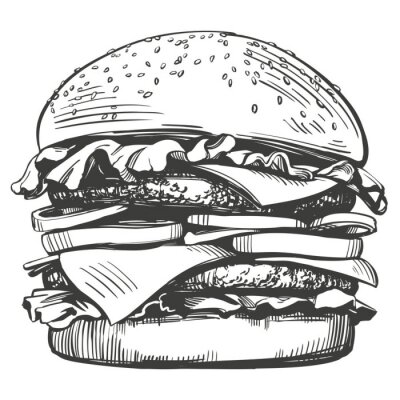Fotobehang grote hamburger, hamburger hand getrokken vector illustratie schets retro stijl
