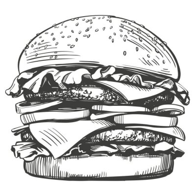 Fotobehang Grote hamburger, hamburger hand getrokken vector illustratie schets retro stijl