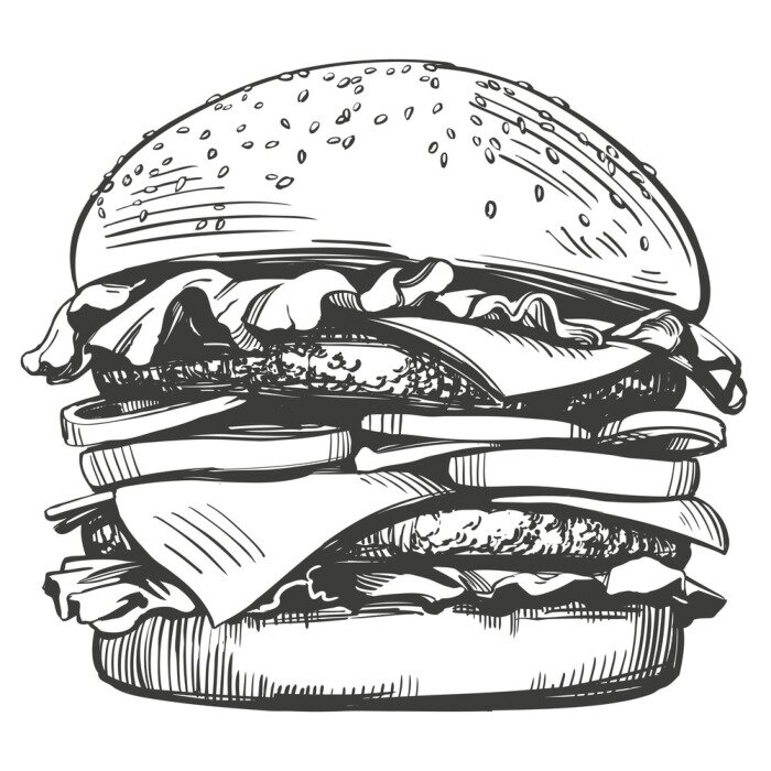 Fotobehang Grote hamburger, hamburger hand getrokken vector illustratie schets retro stijl