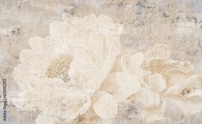 Fotobehang Grote pioenrozen op een betonnen muur