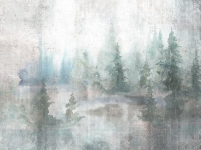 Fotobehang Grunge photo wallpaper with golden abstract elements on concrete background. Illustration for wallpaper, fresco, mural.