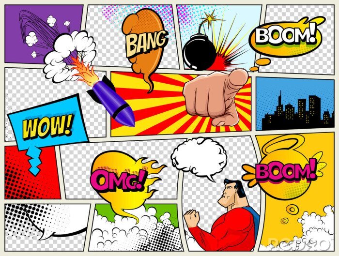 Fotobehang Grunge Retro Comic Speech Bubbles. Background with radial halftone effects and rays in pop-art style. Abstract Talking Clouds and Sounds