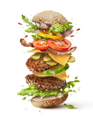 Fotobehang hamburger met vliegende ingrediënten