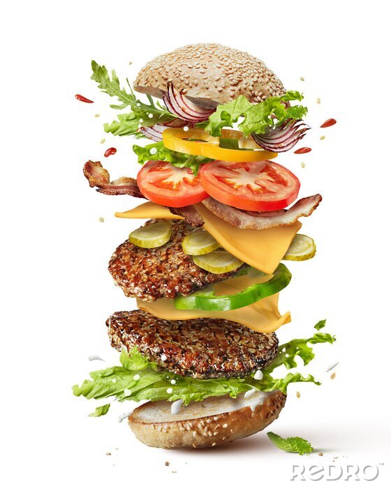 Fotobehang hamburger met vliegende ingrediënten