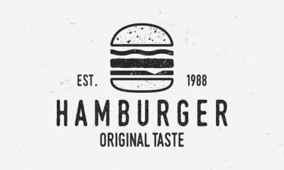 Fotobehang Hamburger vector logo template. Vintage burger cafe logo with grunge texture. Trendy vintage design.