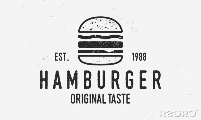 Fotobehang Hamburger vector logo template. Vintage burger cafe logo with grunge texture. Trendy vintage design.