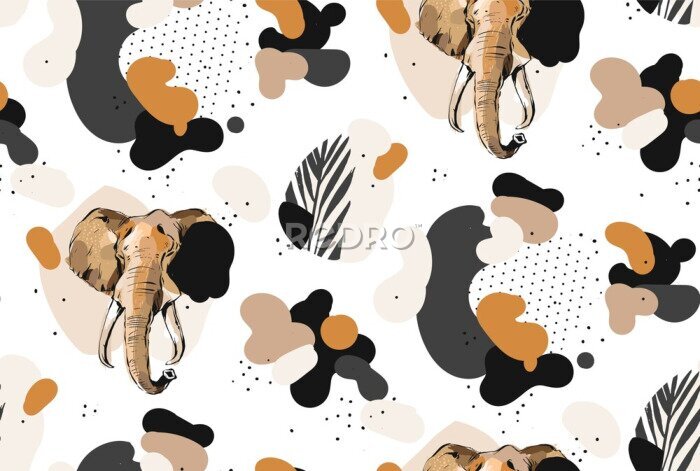 Fotobehang Hand drawn vector abstract creative graphic artistic illustrations seamless collage pattern with sketch elephant drawing and tropical palm leaves in tribal mottif isolated on white background