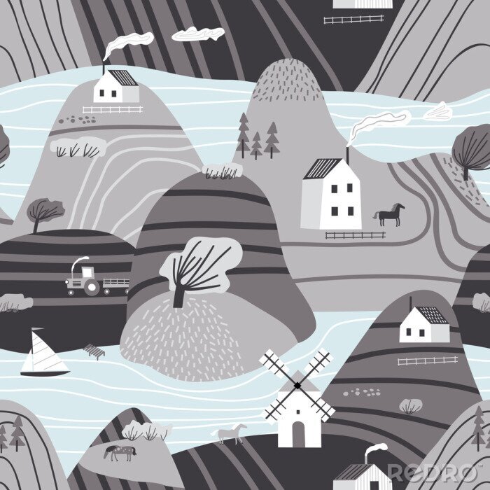 Fotobehang Hand drawn vector abstract scandinavian graphic illustration seamless pattern with house,trees and mountains. Nordic nature landscape concept. Perfect for kids fabric, textile, nursery wallpaper.