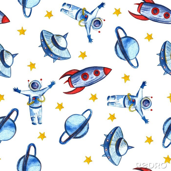 Fotobehang Hand drawn with pencil watercolor Space Background for Kids. Cartoon Rockets, Planets, Stars, Astronaut, Comets and UFOs.
