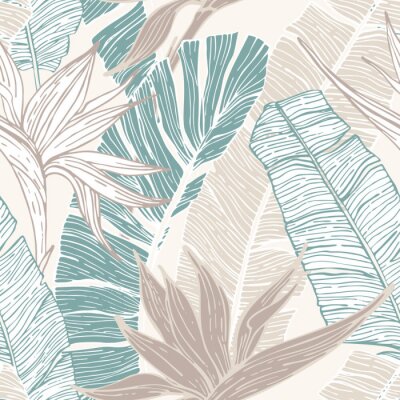 Hand getekend abstracte tropische zomer achtergrond: palm- en bananenbladeren, vogel in het paradijs bloem in silhouet, lijntekeningen