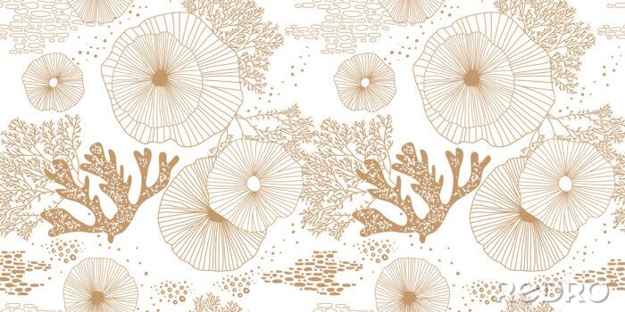 Fotobehang Hand getrokken naadloze vector patroon. Gouden koralen en algen op een witte achtergrond voor afdrukken, stof, textiel, productie, achtergronden. Zeebodem.