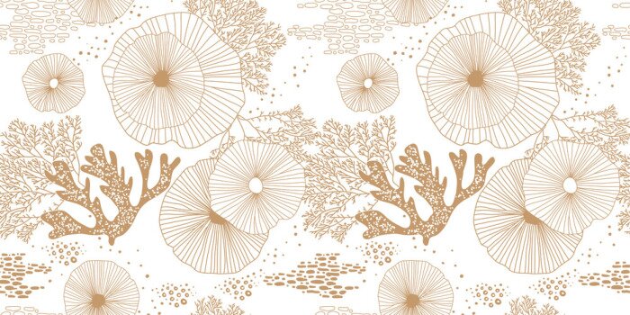 Fotobehang Hand getrokken naadloze vector patroon. Gouden koralen en algen op een witte achtergrond voor afdrukken, stof, textiel, productie, achtergronden. Zeebodem.