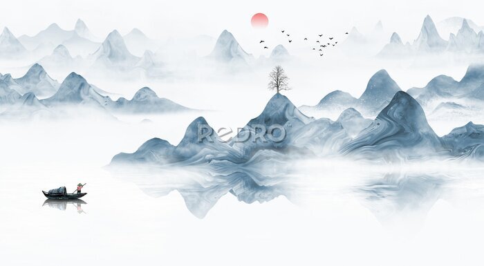Fotobehang Hand painted Chinese style blue elegant landscape painting