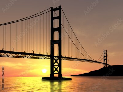 Fotobehang Hangbrug met zonsondergang op de achtergrond