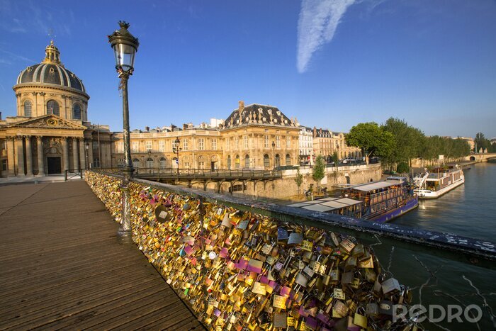 Fotobehang Hangsloten op de brug en gebouwen van Parijs