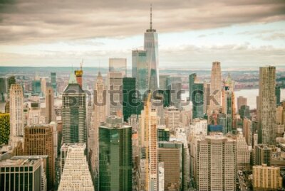 Fotobehang Helicopter view of Downtown Manhattan skyscrapers, New York City.