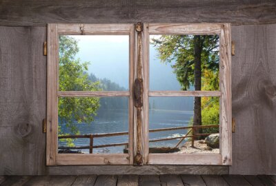 Fotobehang Herfst landschap - bomen door het meer - houten ramen