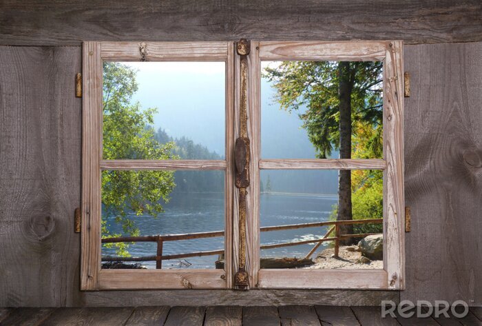 Fotobehang Herfst landschap - bomen door het meer - houten ramen