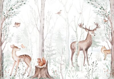 Fotobehang Herten en reeën in een schilderachtig bos