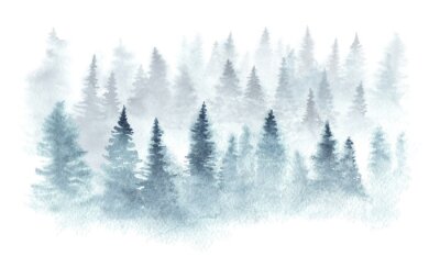Het bos van de winter in een mist die in waterverf wordt geschilderd.
