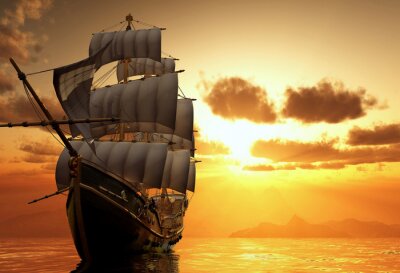 Fotobehang Het schip tegen de achtergrond van de ondergaande zon