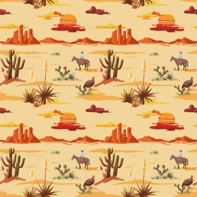 Het uitstekende mooie naadloze patroon van de woestijnillustratie. Landschap met cactus, bergen, cowboy op paard, achtergrond van de zonsondergang de vectorhand getrokken stijl