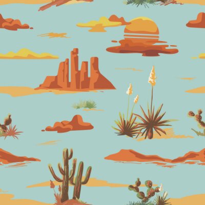 Het uitstekende mooie naadloze patroon van de woestijnillustratie. Landschap met cactus, bergen, zonsondergang vector hand getrokken stijl achtergrond