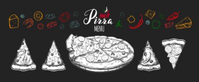 Fotobehang Hete pizzaset met ingrediënten en verschillende soorten pizzapunten 1