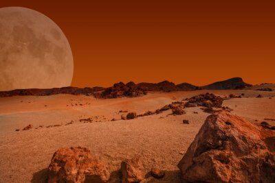 Fotobehang Heuvels op een rode planeet met een volle maan op de achtergrond